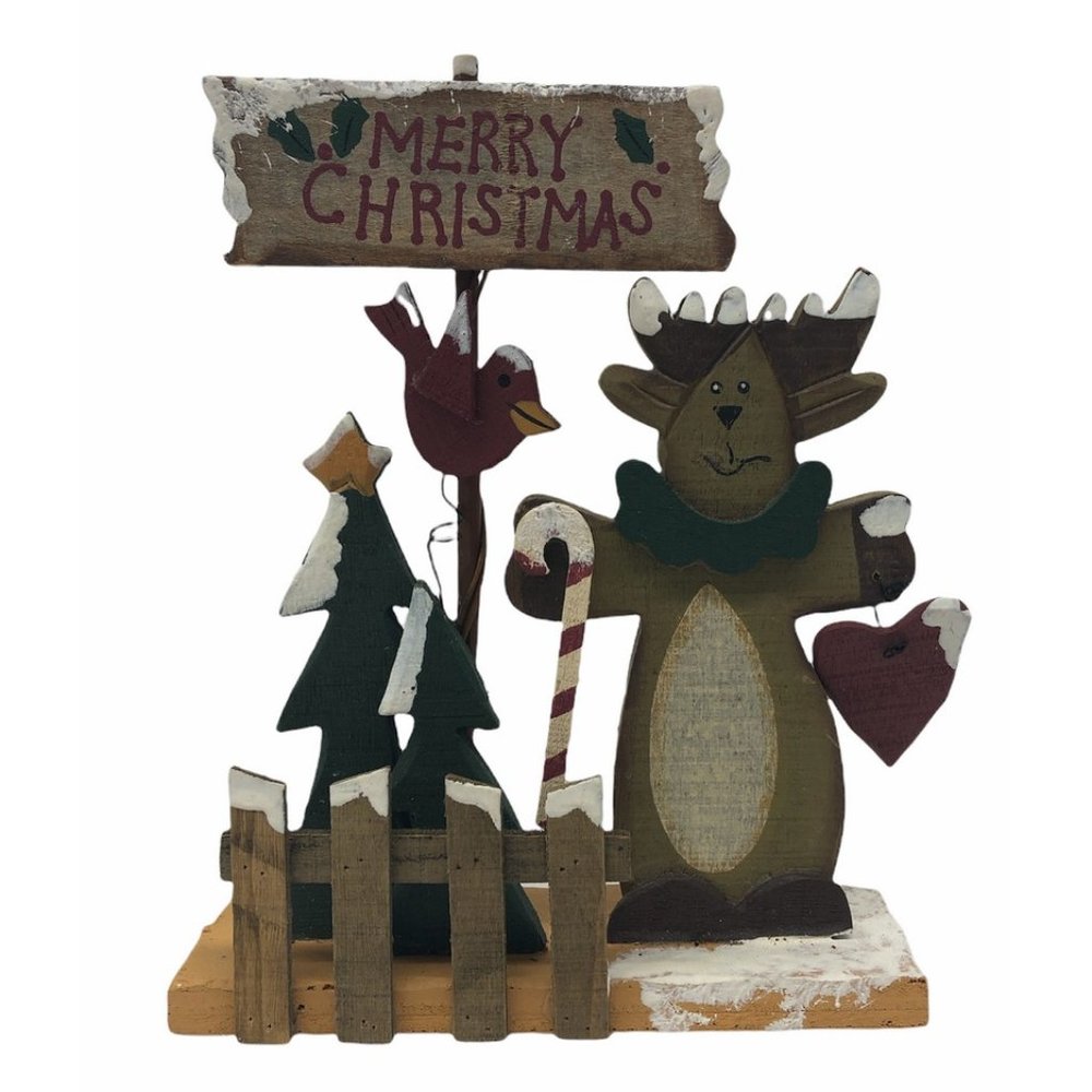Merry Christmas Wooden Moose Cardinal Picket Fence Snow and Tree all in 1
